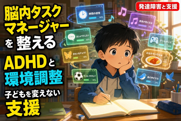 机でノートに向かう男の子の頭の周りに、進捗バー付きのホログラフィックなウィンドウ（時間の感覚・音楽が気になる・おしゃべりしたい等）が複数浮かぶアニメ風イラスト。「脳内タスクマネージャーを整える、ADHDと環境調整、子どもを変えない支援」のテキスト入り