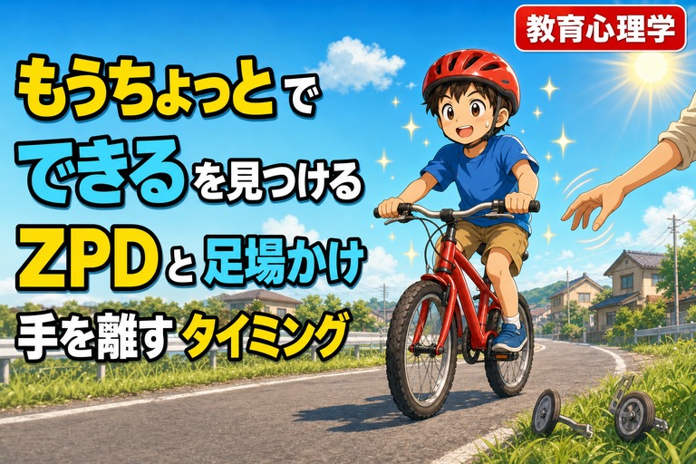 赤いヘルメットと青いシャツの男の子が赤い自転車に乗って走り出す瞬間のアニメ風イラスト。背後に外された補助輪が転がり、右側で親の手がちょうど離れた様子。「もうちょっとでできるを見つける、ZPDと足場かけ、手を離すタイミング」のテキスト入り