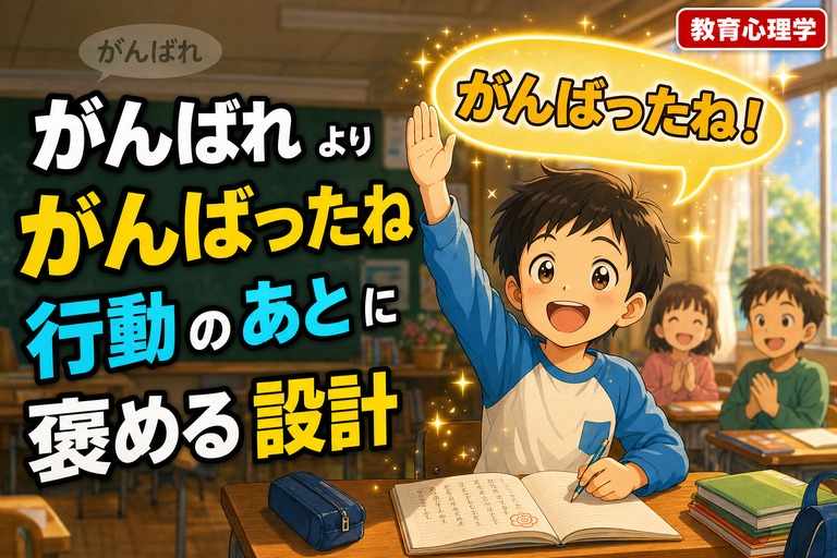 教室で元気よく手を挙げる男の子のアニメ風イラスト。右上に大きく光る黄色い「がんばったね！」の吹き出し、左上に薄い「がんばれ」の吹き出しを配置し、ABAの強化を視覚化。「がんばれよりがんばったね、行動のあとに褒める設計」のテキスト入り