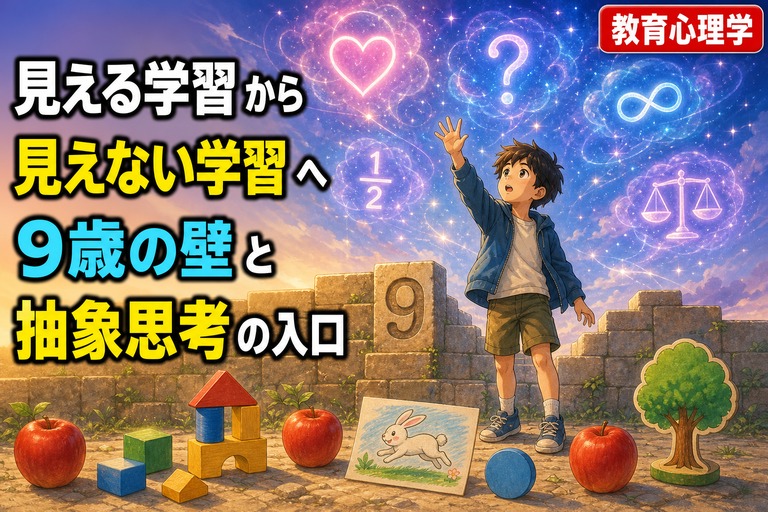 「9」と刻まれた石壁の前に立ち上を見上げる男の子のアニメ風イラスト。下にリンゴ・積木・うさぎの絵などの具体物、上にハート・はてな・無限大・分数・天秤などの抽象記号が浮遊。「見える学習から見えない学習へ、9歳の壁と抽象思考の入口」のテキスト入り