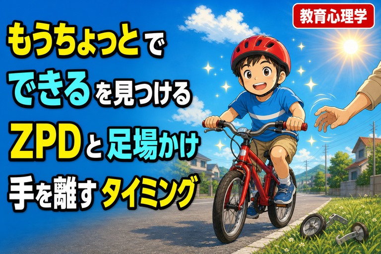 赤いヘルメットと青いシャツの男の子が赤い自転車に乗って走り出す瞬間のアニメ風イラスト。背後に外された補助輪が転がり、右側で親の手がちょうど離れた様子。「もうちょっとでできるを見つける、ZPDと足場かけ、手を離すタイミング」のテキスト入り