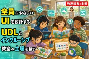 明るい教室で4人の小学生がそれぞれ異なる方法（ヘッドホンとタブレット、絵本、マイク、お絵描き）で学ぶアニメ風イラスト。「全員にやさしいUIを設計する／UDLとインクルーシブ／教室の土壌を耕す」のテキスト入り