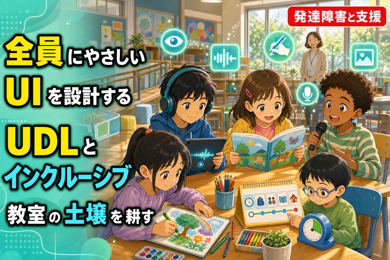 明るい教室で4人の小学生がそれぞれ異なる方法（ヘッドホンとタブレット、絵本、マイク、お絵描き）で学ぶアニメ風イラスト。「全員にやさしいUIを設計する／UDLとインクルーシブ／教室の土壌を耕す」のテキスト入り