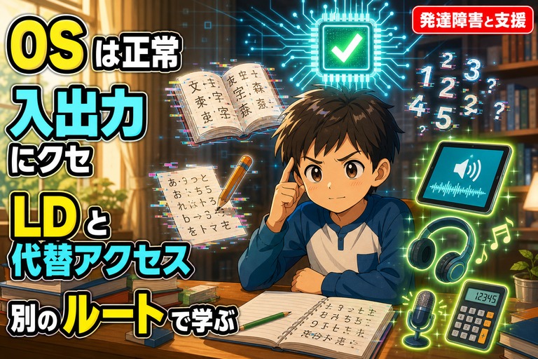 勉強机に向かう男の子の頭上に緑のチェックマーク付きCPUチップ（OS正常を象徴）が浮かび、周囲に歪んだ文字の本・鏡文字のメモ・散らばる数字（読字・書字・算数障害を象徴）と、正常に動作する代替デバイス（タブレット音声・ヘッドホン・電卓・マイク）が配置されたアニメ風イラスト。「OSは正常／入出力にクセ／LDと代替アクセス／別のルートで学ぶ」のテキスト入り