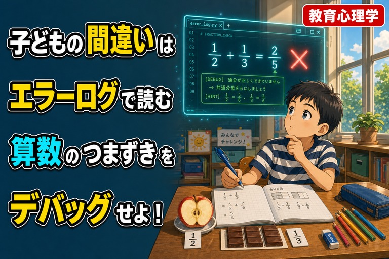 小学生男子が机で考え込みながら、「1/2＋1/3＝2/5」と赤い×が表示されたエラーログ風ホログラムを見上げるアニメ風イラスト。机には半分のりんごと三等分のチョコ。「子どもの間違いはエラーログで読む／算数のつまずきをデバッグせよ！」のテキスト入り