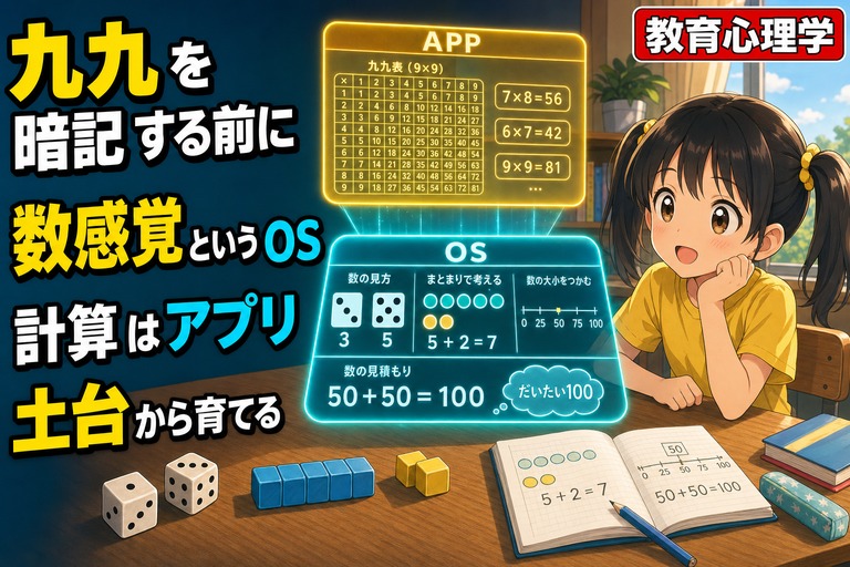 女の子の前に「APP（九九表）」と「OS（数感覚）」の二層ホログラムが浮かぶアニメ風イラスト。机にはサイコロと数えブロック。「九九を暗記する前に／数感覚というOS／計算はアプリ／土台から育てる」のテキスト入り