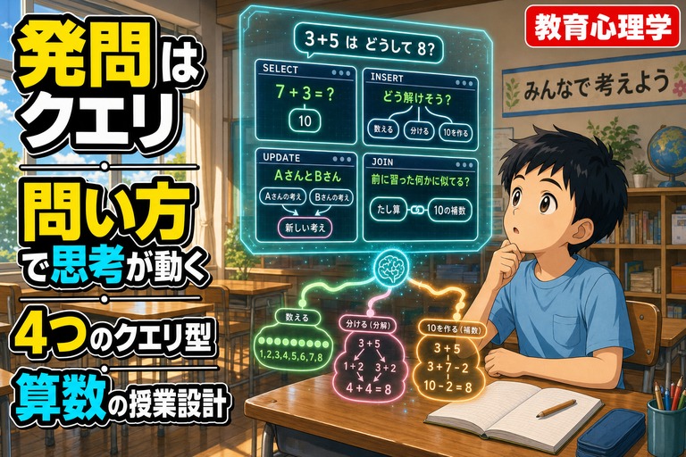 思考的な表情の小学生男子の前に、SELECT/INSERT/UPDATE/JOIN の4つのクエリ型を表すホログラム画面と、子どもの脳から「数える／分解／10の補数」の複数思考パスが伸びるアニメ風イラスト。「発問はクエリ／問い方で思考が動く／4つのクエリ型／算数の授業設計」のテキスト入り