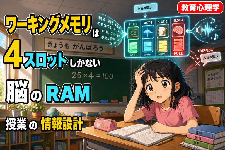 少し困った表情の小学生女子の頭上に「SLOT1〜SLOT4」のRAM風メモリスロット図と「OVERFLOW・追加の指示」警告が浮かぶアニメ風イラスト。SLOT4は「FULL」で赤く点灯。「ワーキングメモリは／4スロットしかない／脳のRAM／授業の情報設計」のテキスト入り