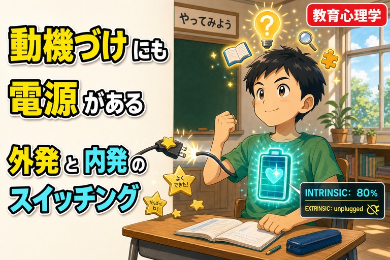 胸に光る水色のハート入りバッテリー（内発的動機）を持つ小学生男子と、抜かれた外部電源コード＋ごほうびシールを描くアニメ風イラスト。「INTRINSIC:80% / EXTRINSIC: unplugged」のステータス表示。「動機づけにも電源がある／外発と内発のスイッチング」のテキスト入り