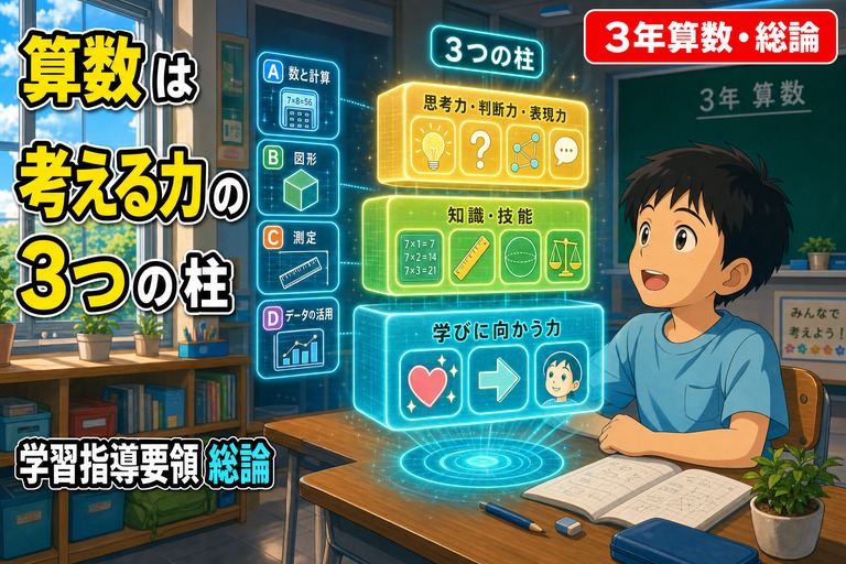 3年生男子児童が「3つの柱」のOS型ホログラム（思考力・判断力・表現力／知識・技能／学びに向かう力）と4つの領域モジュール（A数と計算・B図形・C測定・Dデータの活用）を見ているアニメ風イラスト。「算数は考える力の3つの柱 学習指導要領 総論」のテキスト入り