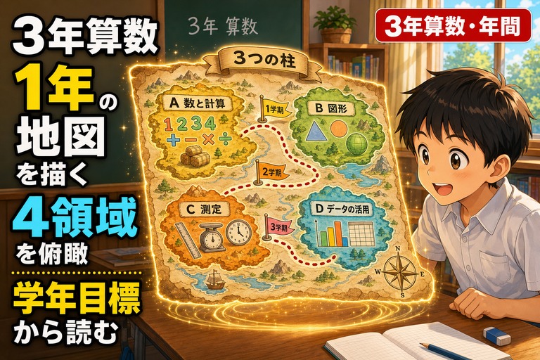 3年生男子児童の前に宝の地図風の年間学習マップが広がるアニメ風イラスト。A数と計算・B図形・C測定・Dデータの活用の4領域が島として描かれ、1学期・2学期・3学期の旗で結ばれている。「3年算数 1年の地図を描く 4領域を俯瞰 学年目標から読む」のテキスト入り