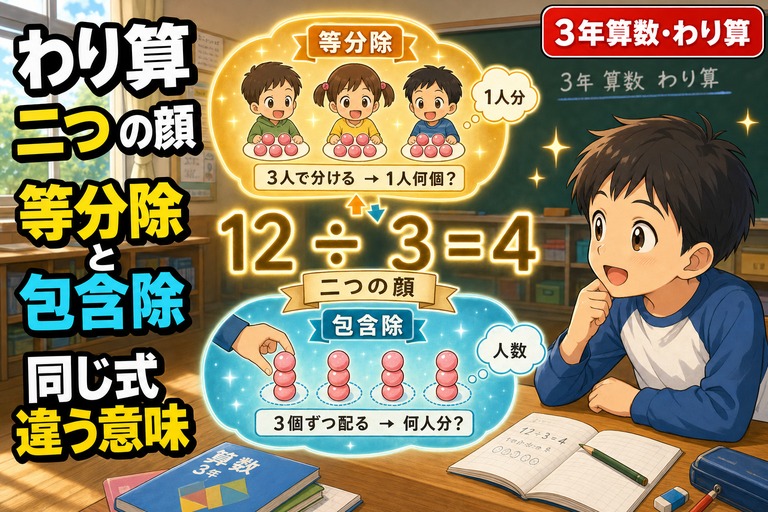 3年生男子児童の前に「12÷3=4」の式が大きく浮かび、上下に等分除（3人で分ける／1人何個?）と包含除（3個ずつ配る／何人分?）の2つの場面が描かれているアニメ風イラスト。「わり算 二つの顔 等分除と包含除 同じ式 違う意味」のテキスト入り