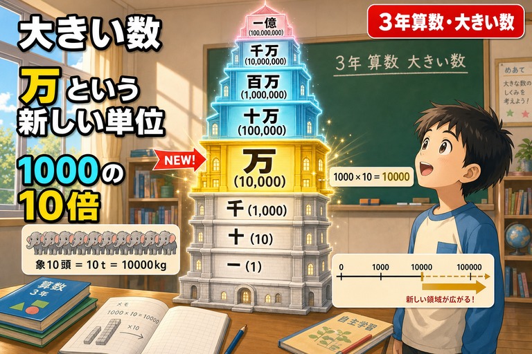 3年生男子児童が位取りのタワー（一・十・百・千の上に金色に光る「万」、その上に十万・百万・千万・一億）を見上げているアニメ風イラスト。1000×10=10000の式と象10頭=10tのスケール例、数直線も配置。「大きい数 万という新しい単位 1000の10倍」のテキスト入り