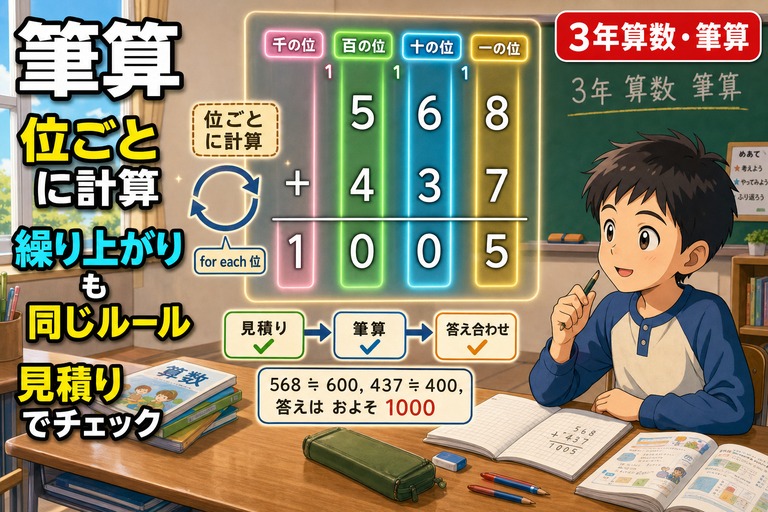 3年生男子児童の机に筆算ボードが浮かび、568+437=1005の縦書き筆算が一の位（黄）十の位（シアン）百の位（緑）千の位（ピンク）と色分けされ、見積り→筆算→答え合わせのフローも示されているアニメ風イラスト。「筆算 位ごとに計算 繰り上がりも同じルール 見積りでチェック」のテキスト入り