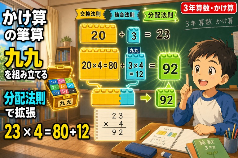 3年生男子児童の前に「20+3=23」「20×4=80＋3×4=12＝92」のレゴ風ブロック構築図と23×4の筆算が浮かぶアニメ風イラスト。九九の宝箱と交換・結合・分配の3法則リボンも配置。「かけ算の筆算 九九を組み立てる 分配法則で拡張 23×4=80+12」のテキスト入り
