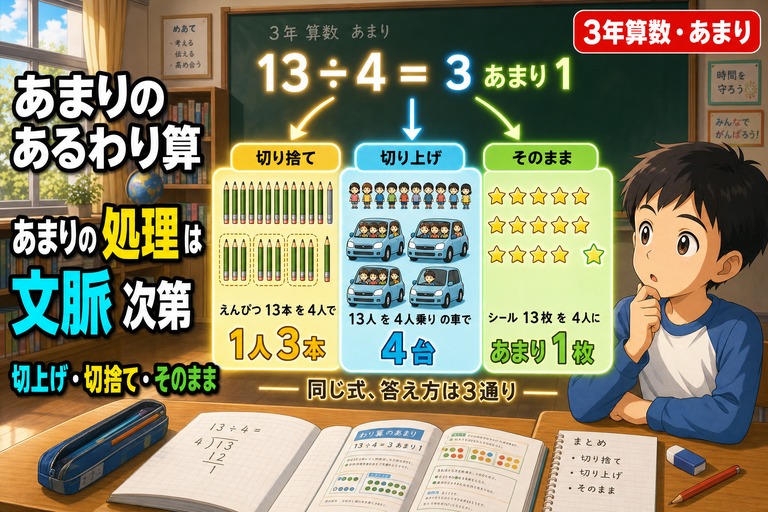 3年生男子児童の前に「13÷4=3あまり1」の式と3つの分岐パネル（切り捨て=えんぴつ13本→1人3本／切り上げ=13人→車4台／そのまま=シール→あまり1枚）が並ぶアニメ風イラスト。「あまりのあるわり算 あまりの処理は 文脈次第 切上げ・切捨て・そのまま」のテキスト入り