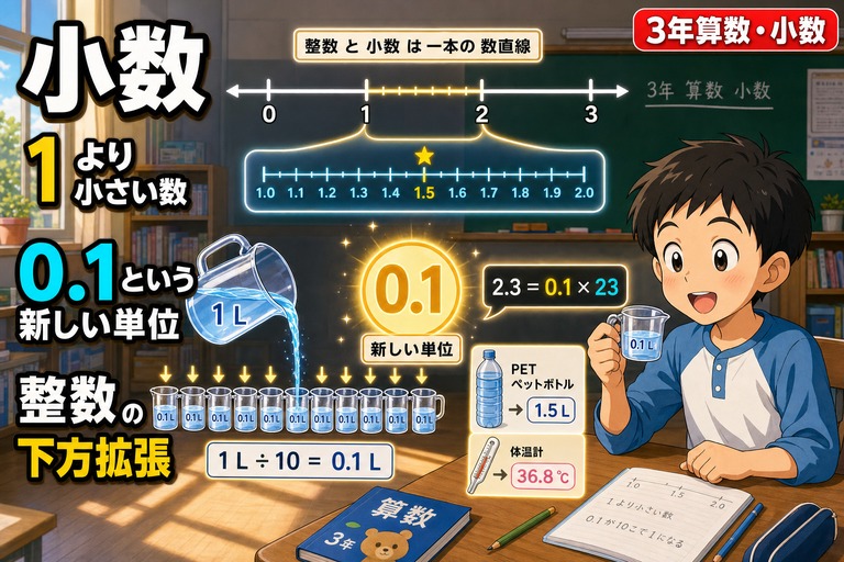 3年生男子児童が0.1Lの計量カップを手に、1Lピッチャーから10個の0.1Lカップへ分ける図と、整数の数直線（0-1-2-3）の中に1〜2のズームで小数（1.0〜2.0、1.5に★）が連続することを示すアニメ風イラスト。「小数 1より小さい数 0.1という新しい単位 整数の下方拡張」のテキスト入り
