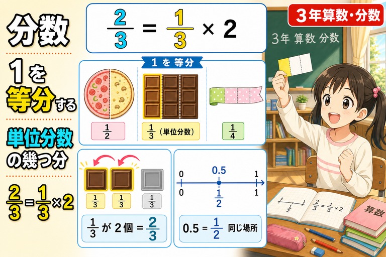 3年生女子児童が3つ折りの紙を手に、ピザ（1/2）・チョコ（1/3 単位分数）・リボン（1/4）の等分例と「1/3が2個=2/3」のチョコ積み上げ、「0.5=1/2 同じ場所」の数直線を見ているアニメ風イラスト。「分数 1を等分する 単位分数の幾つ分 2/3=1/3×2」のテキスト入り