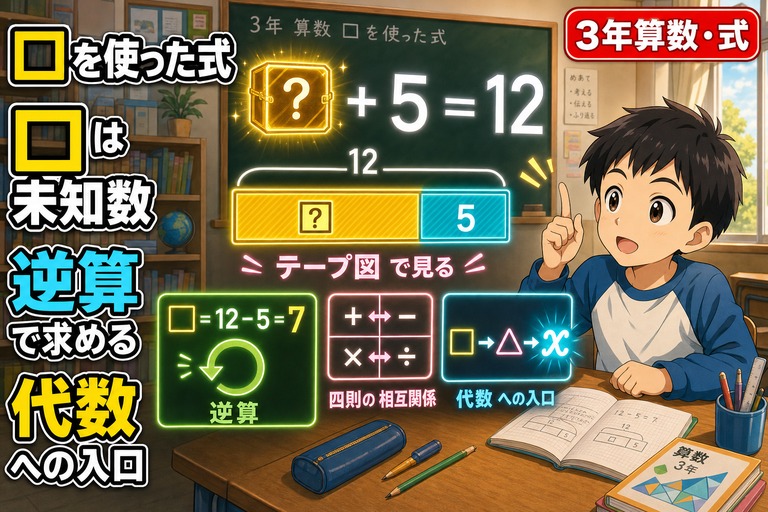 3年生男子が「□+5=12」の方程式を解くアニメ風イラスト。黄色いミステリーボックスの□、テープ図、逆算で求める=7、四則の相互関係、□→△→xの代数への入口、「□は未知数」「逆算で求める」「代数への入口」のテキスト入り