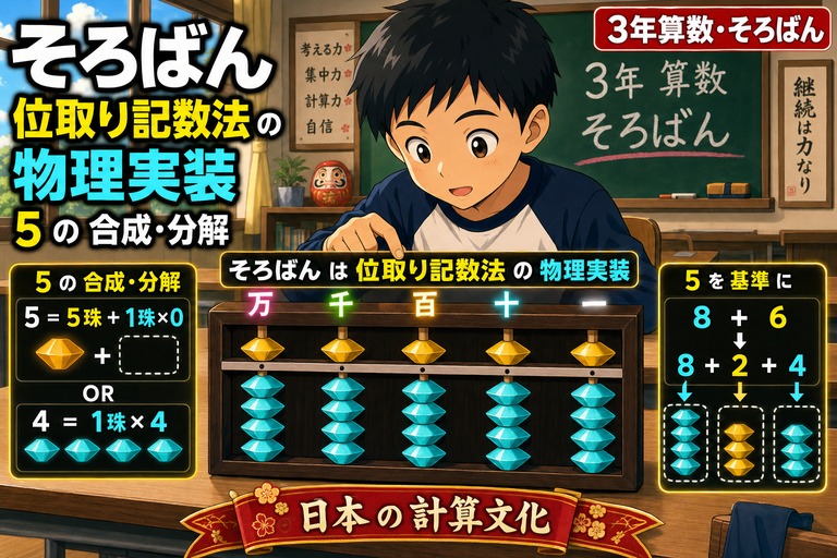 3年生男子が大きな木製そろばんを操作するアニメ風イラスト。万・千・百・十・一の位ラベル、金色の5珠とシアンの1珠、5の合成・分解、5を基準にした8+6=8+2+4、「日本の計算文化」リボン、「そろばん」「位取り記数法の物理実装」「5の合成・分解」のテキスト入り