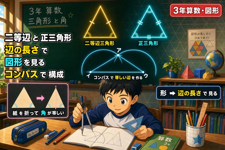 3年生男子がコンパスで作図するアニメ風イラスト。黄色の二等辺三角形と水色の正三角形（辺の等しさをティック印で表示）、コンパス弧によるイウ→ア作図、紙を折って角が等しいことを確かめる操作、「辺の長さで図形を見る」「コンパスで構成」のテキスト入り