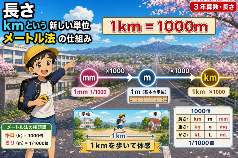 黄色キャップの3年男子がメジャーで遠くの道を指すアニメ風イラスト。mm→m→km の×1000スケール、1km=1000mバナナ、メートル法接頭語カードと量単位表入り。「長さ kmという新しい単位 メートル法の仕組み」のテキスト入り