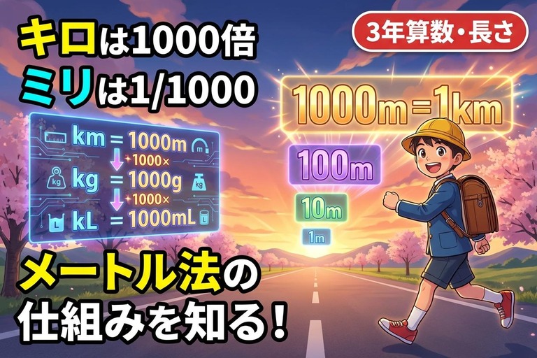 小学生が道を歩きながら距離を体感するイラスト。「キロは1000倍、ミリは1/1000、メートル法の仕組みを知る！」のテキスト入り