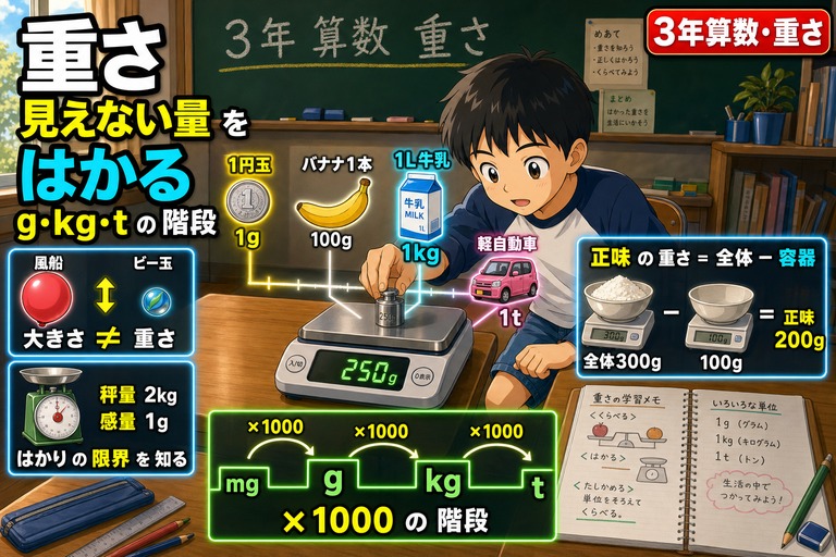 3年生男子がデジタルスケールで重さを量るアニメ風イラスト。1円玉=1g／バナナ=100g／牛乳=1kg／軽自動車=1tの体感スケール、風船≠ビー玉の大きさ・重さ比較、はかりの秤量と感量、正味=全体−容器の式、mg→g→kg→tの×1000階段、「重さ 見えない量をはかる g・kg・tの階段」のテキスト入り