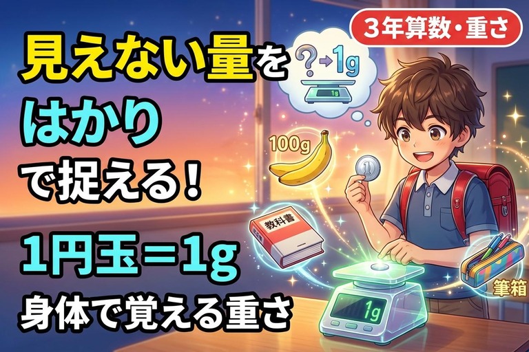 小学生がはかりで物の重さを量るイラスト。「見えない量をはかりで捉える！1円玉=1g、身体で覚える重さ」のテキスト入り