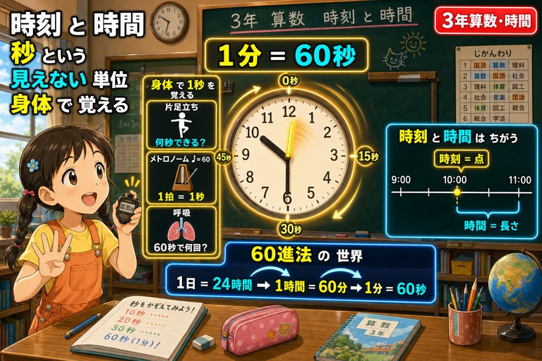 3年生女子がストップウォッチを持ち時計を見つめるアニメ風イラスト。黄色く光る秒針の大時計、「1分=60秒」、片足立ち・メトロノーム・呼吸で1秒を体感、時刻=点と時間=長さの数直線、1日→1時間→1分→1秒の60進法階段、「時刻と時間 秒という見えない単位 身体で覚える」のテキスト入り
