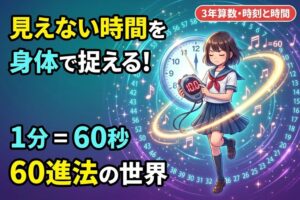 小学生がストップウォッチを持って片足立ちし時間を体感するイラスト。光る時計と音符に囲まれ「見えない時間を身体で捉える！1分=60秒、60進法の世界」のテキスト入り