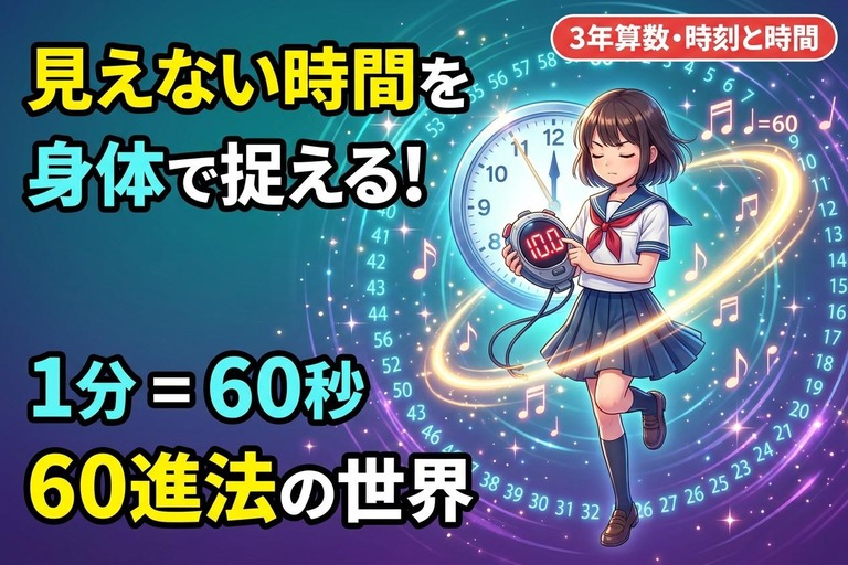 小学生がストップウォッチを持って片足立ちし時間を体感するイラスト。光る時計と音符に囲まれ「見えない時間を身体で捉える！1分=60秒、60進法の世界」のテキスト入り
