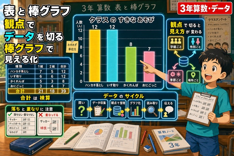 3年生男子がクリップボードを持ち棒グラフを指差すアニメ風イラスト。「クラスのすきなあそび」棒グラフ、1組/2組/合計の2次元データ表、観点フィルター（学級/性別/季節/場所）、問い→収集→整理→グラフ化→読み取り→伝えるのデータサイクル、落ちと重なりに注意、「観点でデータを切る 棒グラフで見える化」のテキスト入り