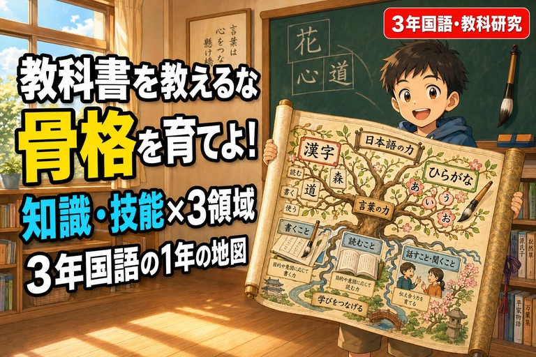 小学3年生の男の子が国語概念を木の枝として描いた巻物の地図を広げるアニメ風イラスト。「教科書を教えるな、骨格を育てよ！知識・技能×3領域、3年国語の1年の地図」のテキスト入り
