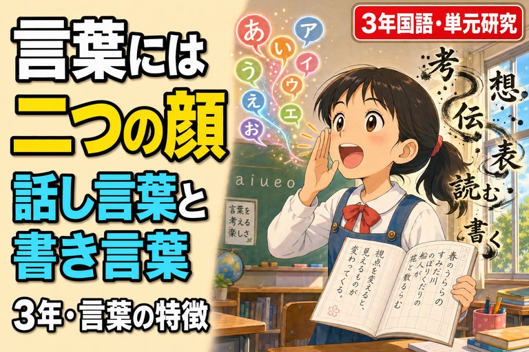 小学3年生の女の子が口に手を当てて話す姿と、開いたノート・浮かぶひらがなカタカナを描いたアニメ風イラスト。「言葉には二つの顔——話し言葉と書き言葉、3年・言葉の特徴」のテキスト入り