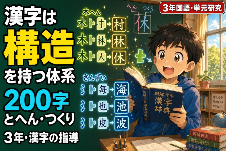 小学3年生の男の子が漢字辞典を開く姿と、黒板に「木へん」「さんずい」の構造分解図（村・林・休・海・池・波）を描いたアニメ風イラスト。「漢字は構造を持つ体系——200字とへん・つくり、3年・漢字の指導」のテキスト入り