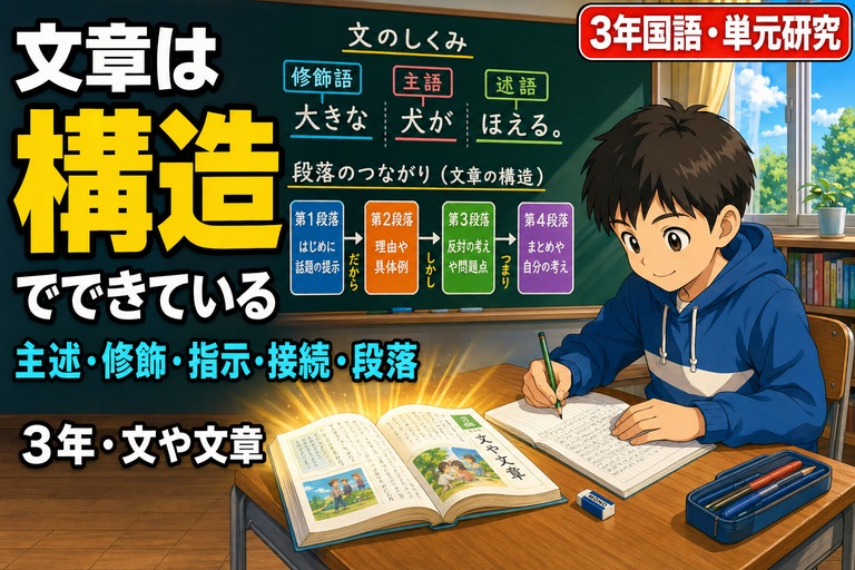 教室で男の子がノートに文章を書くアニメ風イラスト。黒板に「文のしくみ：大きな（修飾語）犬が（主語）ほえる（述語）」「段落のつながり」の図と「文章は構造でできている、主述・修飾・指示・接続・段落、3年・文や文章」のテキスト入り