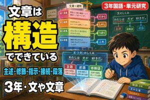 小学3年生の男の子がノートに書き込む姿と、「文章＝建物」として段落ブロックを積み上げた構造図、主語・述語・修飾語の色分け図解を描いたアニメ風イラスト。「文章は構造でできている——主述・修飾・指示・接続・段落、3年・文や文章」のテキスト入り