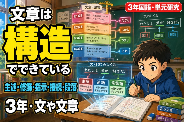 小学3年生の男の子がノートに書き込む姿と、「文章＝建物」として段落ブロックを積み上げた構造図、主語・述語・修飾語の色分け図解を描いたアニメ風イラスト。「文章は構造でできている——主述・修飾・指示・接続・段落、3年・文や文章」のテキスト入り