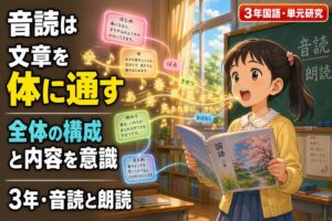小学3年生の女の子が国語教科書を音読する姿と、流れ出る音波・「はじめ／中／終わり／まとめ」の段落構造ラベル・浮遊する春の言葉を描いたアニメ風イラスト。「音読は文章を体に通す——全体の構成と内容を意識、3年・音読と朗読」のテキスト入り
