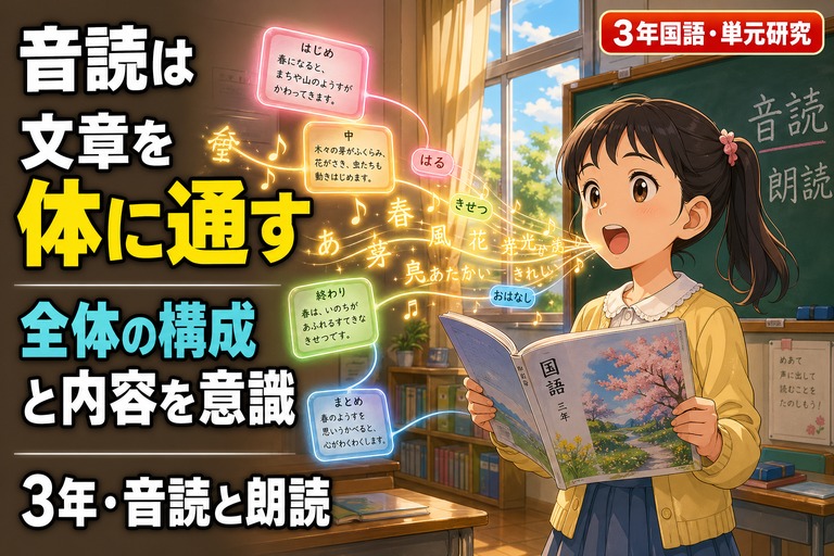 小学3年生の女の子が国語教科書を音読する姿と、流れ出る音波・「はじめ／中／終わり／まとめ」の段落構造ラベル・浮遊する春の言葉を描いたアニメ風イラスト。「音読は文章を体に通す——全体の構成と内容を意識、3年・音読と朗読」のテキスト入り