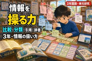 小学3年生の男の子が情報カードを「考え・理由・事例」の3層に整理し、机の上に国語辞典・百科事典・比較／分類のカード群が並ぶアニメ風イラスト。「情報を操る力——比較・分類・引用・辞書、3年・情報の扱い方」のテキスト入り
