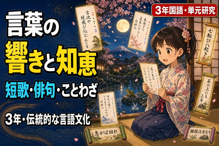 着物姿の小学生が短冊を手に、古池・富士山・満月・桜・ことわざの掛け軸に囲まれるアニメ風イラスト。「言葉の響きと知恵、短歌・俳句・ことわざ、3年・伝統的な言語文化」のテキスト入り