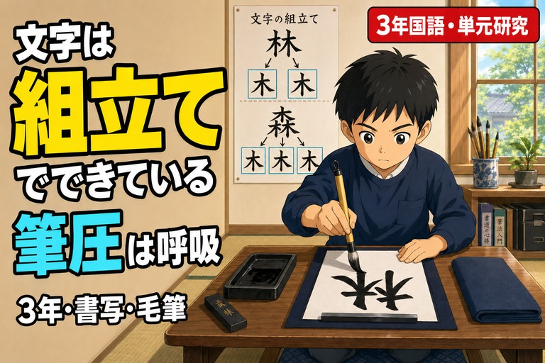 男の子が習字で「林」を毛筆で書くアニメ風イラスト。半紙の文字は書き手側を向き、後ろに「文字の組立て：林・森」の図解。「文字は組立てでできている、筆圧は呼吸、3年・書写・毛筆」のテキスト入り