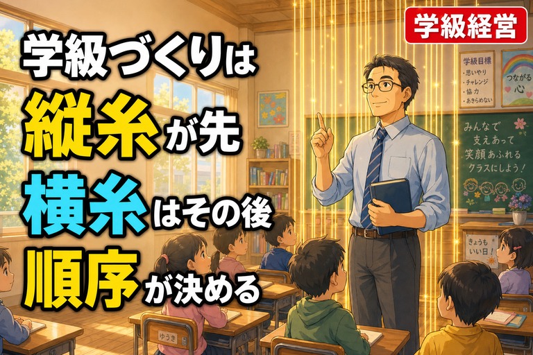 明るい教室で立つ40代男性教師の後ろに金色の縦糸が降り注ぐアニメ風イラスト。「学級づくりは縦糸が先、横糸はその後、順序が決める」のテキスト入り。