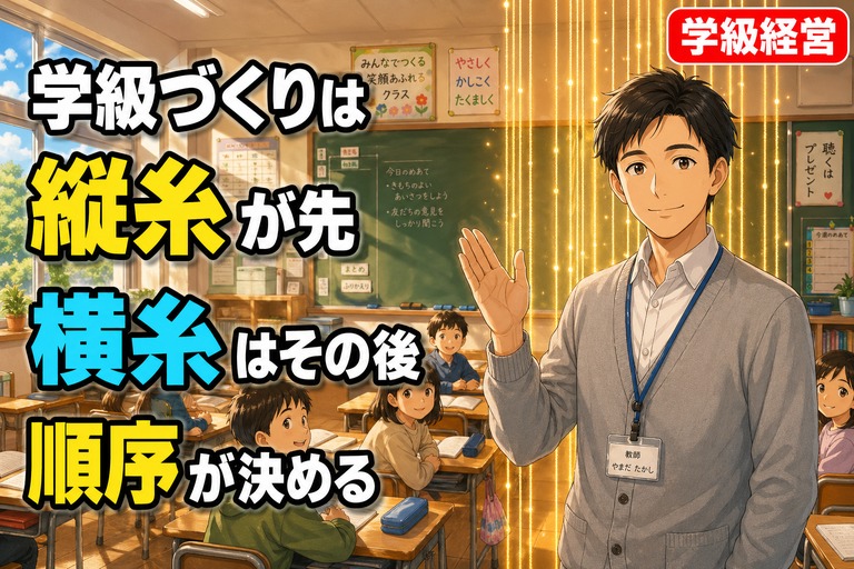 明るい教室で穏やかに微笑む若手男性教師の背後に金色の縦糸が降り注ぐアニメ風イラスト。「学級づくりは縦糸が先、横糸はその後、順序が決める」のテキスト入り。