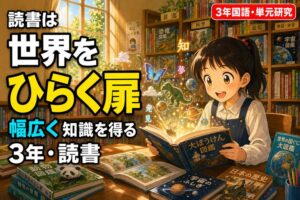 図書館で女の子が本を読み、本から蝶・恐竜・惑星・「知」「夢」「発見」が飛び出すアニメ風イラスト。「読書は世界をひらく扉、幅広く知識を得る、3年・読書」のテキスト入り