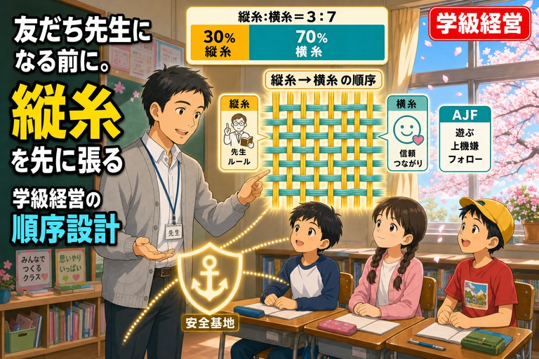 教師と3名の小学生がいる教室で、縦糸（金）と横糸（ティール）が織られていく学級経営のメタファー図。「友だち先生になる前に。縦糸を先に張る——学級経営の順序設計」のテキスト入り