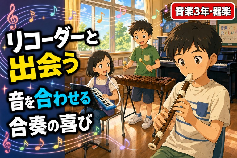 リコーダーを吹く児童、鍵盤ハーモニカを弾く児童、木琴を叩く児童が合奏している様子のアニメ風イラスト。「リコーダーと出会い、音を合わせる」のテキスト入り