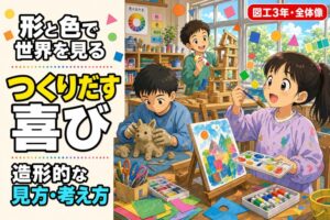 絵の具で色を塗る児童、粘土で形をつくる児童、木材を組み合わせる児童が描かれたアニメ風イラスト。「造形的な見方・考え方」のテキスト入り